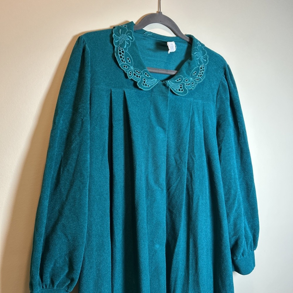 Vintage Vanity Fair Medium Green Lounger House Coat Robe Velour Collar 3/4 Snap - Picture 5 of 11